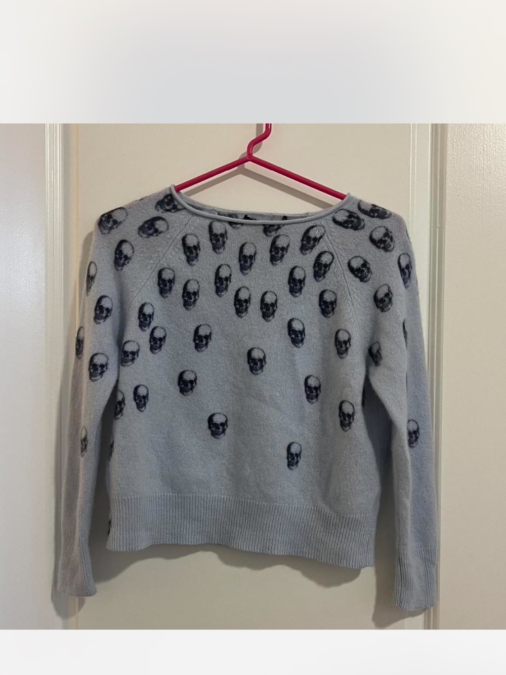 Skull Cashmere Light Blue Crewneck Sweater with Black Skull Pattern